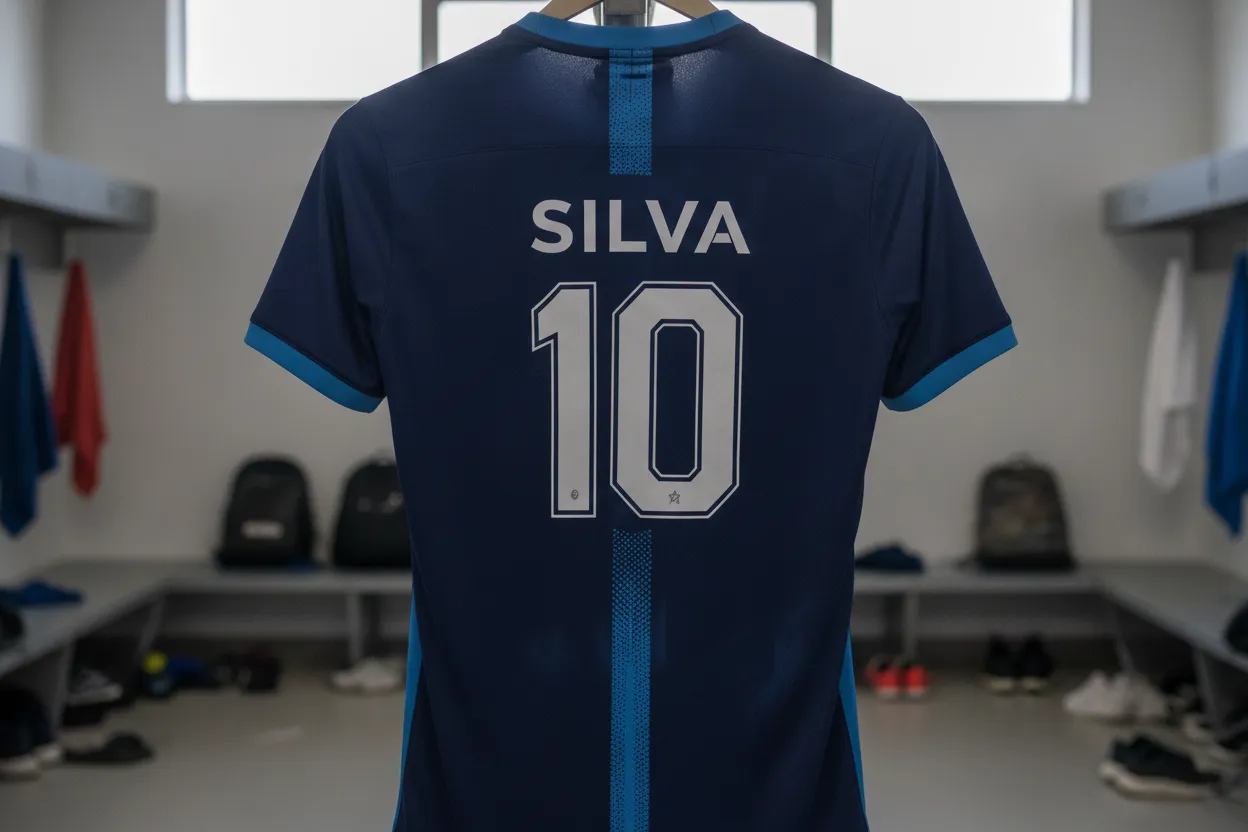 Detalhe de uniforme personalizado com escudo, nome e número